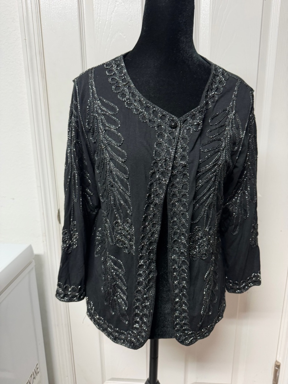 Vintage 90s Black Beaded Silk Look Jacket Top Evening Petite M